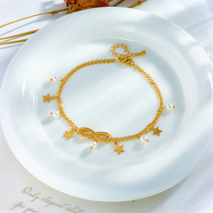 Bracelet de cheville empilable Forever Symbol en acier inoxydable plaqué or avec breloques étoile à cinq branches et perle blanche, délicat pour le quotidien - Product Image 2