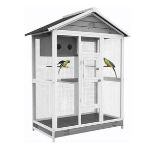 Cage à oiseaux moderne en bois massif avec 4 perchoirs, grilles en acier, 2 portes pour perruches et pinsons, gris acier - Product Image 1