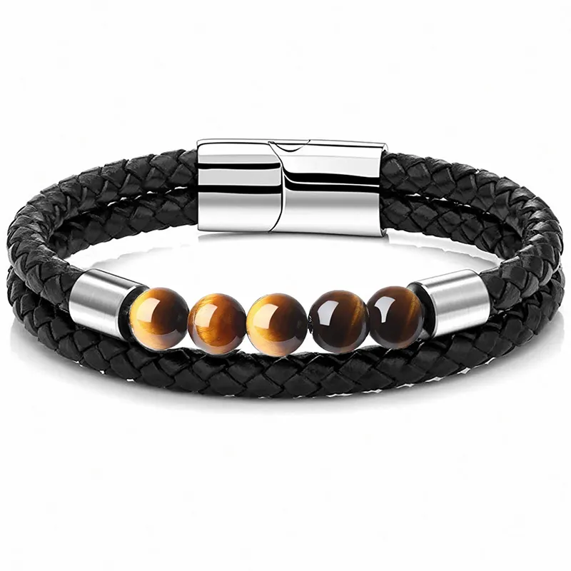 Großhandel Double Layer 7 Chakra Perlen Stein Edelstahl Magnet verschluss Herren geflochtenes Echt leder Armband