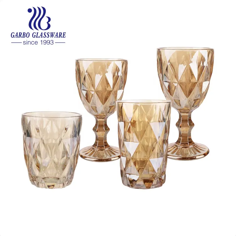 wholesale spray emboss wine glass pink blue colored stemware Vintage amber gold water goblets Retro Cup Machine pressed custom