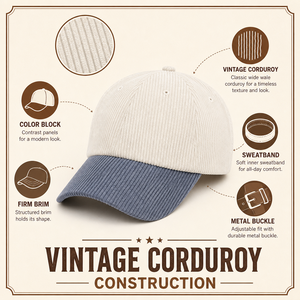 Gorra de béisbol de pana con bloques de color, estilo vintage, suave, transpirable, con visera firme, ajustable 56-60cm, logotipo personalizado, OEM, venta al por mayor, MOQ bajo - Product Image 3