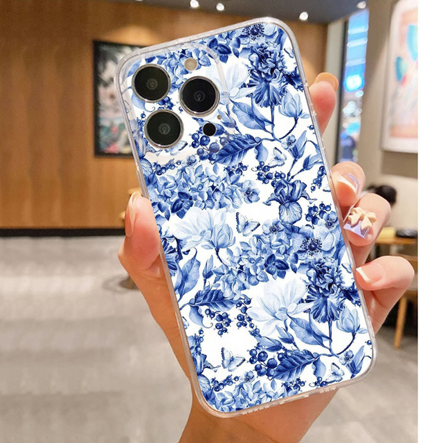 Grape Blue Flower Butterfly Printing Transparent Soft TPU Mobile Phone Cover Case for Iphone 11 12 13 14 15 16 17 Pro Max Air