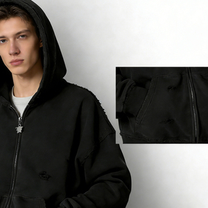 OEM Custom Logo Streetwear Men Distressed Ripped Hoodie Vintage Black Zipper <b>Puller</b> Full Zip Up Oversized Boxy Fit Hoodie - Product Image 3