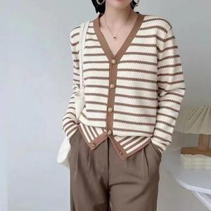 Vintage V-neck Striped Long-sleeved Knitted Cardigan Women's Early Autumn Thin Loose Lazy Style Short Outer <strong>Top</strong> - Product Image 1