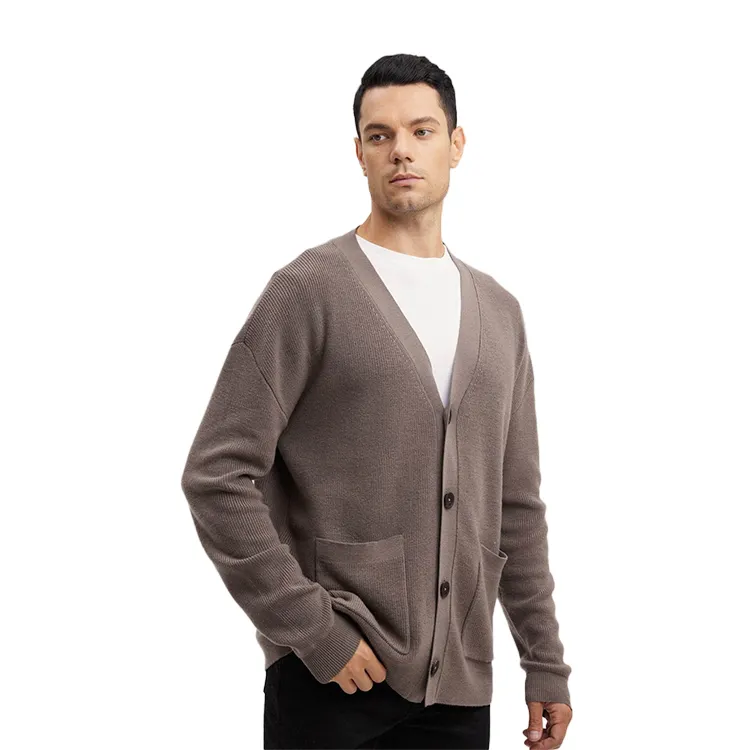 Wool Blend Cardigan Men's Sweater Cardigan Standard Winter 2022 Custom Cashmere Knitted with Buttons and Pockets Navy Gray