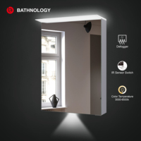 Kabinet Cermin Kamar Mandi Dinding Modern Tanpa Bingkai, Persegi Panjang, LED Terang, Anti-Kabut, dengan Soket Pencukur, Berperingkat IP44