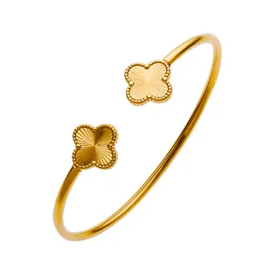 Xixi Không Thấm Nước Thép Không Gỉ Thiết Kế 18K Vàng Mạ Zircon Phụ Nữ Cuff Bốn Lá Clover Thời Trang Trang Sức Vòng Đeo Tay Vòng Đeo Tay