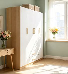 Armoire blanche minimaliste avec 2 tiroirs, portes à charnières, poignées en bois, meubles de chambre à coucher modernes, armoire de rangement autoportante - Product Image 4