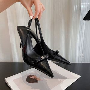 Sandales à bout pointu et nœud motif crocodile pour femme, talons aiguilles noirs sexy - Product Image 1