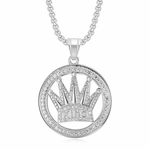 <b>King</b> <b>Crown</b> Round Pendant Necklace Stainless Steel Gold Plated Rhinestone Men's Hip Hop Jewelry Gift - Product Image 5