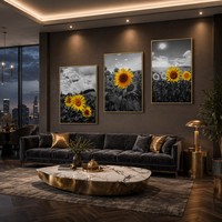 Cetakan Kanvas Triptych Bunga Matahari Hitam Putih Berbingkai Emas, Warna Selektif, Bunga Kuning, Fotografi Alam Dramatis, Dekorasi Mewah