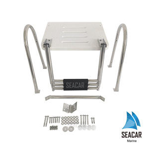 Échelle de bateau Seacar en acier inoxydable 304, plateforme blanche avec poignée courbée, trois marches rétractables, matériel marin - Product Image 5