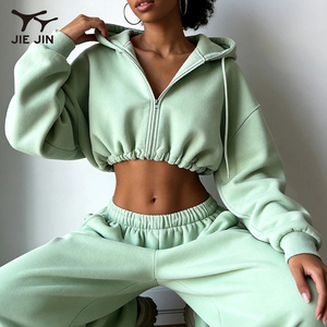 JIEJIN Completo Sportivo Vintage Autunnale Traspirante <span class=keywords><strong>con</strong></span> Top Corto e <span class=keywords><strong>Pantaloni</strong></span> Larghi, Set Casual <span class=keywords><strong>con</strong></span> Cappuccio per Donna - Product Image 1