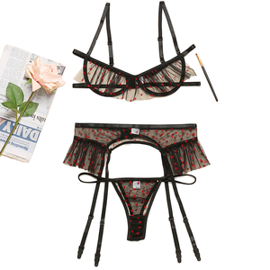 Conjunto de Lencería Sexy Transparente para Mujer Madura, Ropa de Dormir, 3 Piezas, Encaje, Tanga con Estampado de Corazón, 2022 - Product Image 1