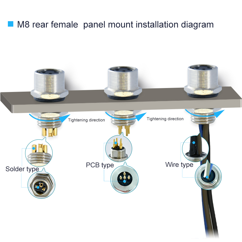 8pin Front Screw M8 Waterproof Connector Panel Mount Industrial Plug Socket