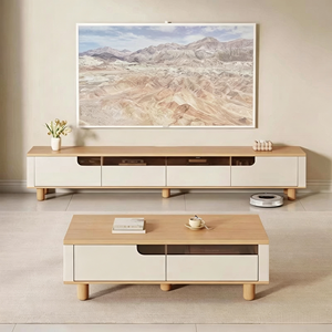 2026 New Cream-Style Eco-Friendly TV Cabinet Coffee <b>Table</b> Set Nordic <b>Wood</b> Design for <b>Small</b> Living Rooms Floor-Standing - Product Image 1