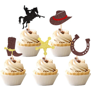 DAMAI Cowboy Cupcake Toppers paillettes <span class=keywords><strong>cheval</strong></span> chapeaux bottes Cupcake pics <span class=keywords><strong>thème</strong></span> occidental bébé douche fête d'anniversaire <span class=keywords><strong>gâteau</strong></span> décor fournitures - Product Image 1