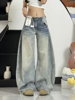 Jeans wanita gaya baru musim gugur 2025 jins Scimitar Retro Amerika kaki lurus longgar panjang selantai pinggang antilembap