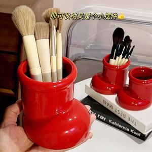 Plastic Makeup Brush Holder Round Cosmetic Storage Organizer For Desk Use Red And White Colors - Product Image 4