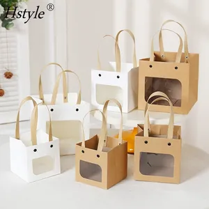 Sac en papier Kraft carré avec fenêtre, transparent, en PVC, avec poignée, sac d'emballage pour biscuits, décor de fête d'anniversaire, noël et mariage, KD1425, 50 unités