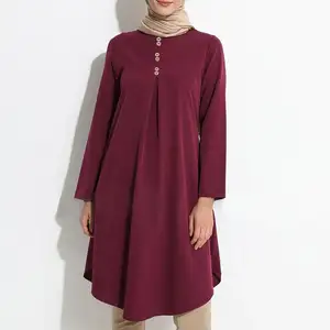 Nuevos vestidos de columpio asimétricos rojos Camisas islámicas Maxi Tops Botón empalmado Túnica musulmana Tops Blusas de manga larga para mujeres