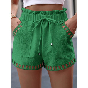 Short en coton et lin pour femmes, couleur unie, mince, évidé, design, poche, taille serrée, vêtements de plage, vêtements blancs - Product Image 5