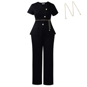 Conjunto de 2 Piezas <span class=keywords><strong>para</strong></span> <span class=keywords><strong>Mujer</strong></span>, <span class=keywords><strong>Chaqueta</strong></span> de Manga Corta con Cuello en V y Pantalones de Pierna Recta, <span class=keywords><strong>Traje</strong></span> Elegante de Oficina, Blazer - Product Image 3