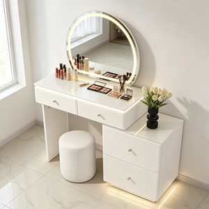 Nouvel Arrivage Ensemble Coiffeuse Blanc Lisse et Brillant avec Miroir LED Rond, Commode à 2 Tiroirs Détachable et Tabouret Cylindrique Solide pour Chambre - Product Image 6
