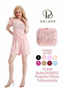 Pigiama da donna in maglia rosa Diamante, manica corta, girocollo, stampa glitter, lettera d'amore, casual, estivo, 2 pezzi - Product Image 3