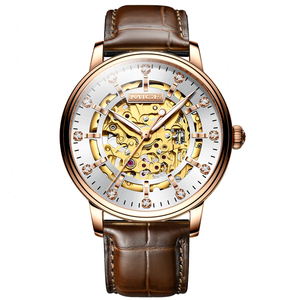 Reloj Mecánico de Lujo para Hombre en Oro Rosa con Correa de Cuero Genuino, Esfera Analógica Esqueleto de 40MM, Cristal de Zafiro, Movimiento Automático Miyota - Product Image 1