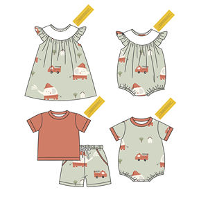 Tenues d'été en coton doux pour bébé avec adorable imprimé dinosaure, robe à manches à volants/combinaison/ensemble à manches courtes pour tout-petits - Product Image 4