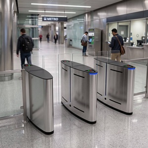 ประตูเลื่อนอัตโนมัติ ประตูหมุนป้องกันการเข้าตามหลัง พร้อมเครื่องสแกนบัตร RFID และคิวอาร์โค้ด สำหรับสถานี สำนักงาน อาคาร ทางเข้า - Product Image 1