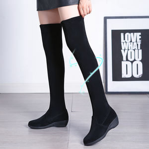 Bottes hautes d'hiver pour femmes avec talon compensé, doublure polaire fine, chaussettes élastiques intégrées, tige en daim chaud pour l'automne et l'hiver - Product Image 1
