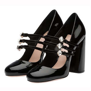 महिला पेटेंट चमड़े के पंप वास्तविक चमड़े के पट्टा डिजाइन राउंड टो हाई एड़ी फैशन शो थोक - Product Image 6