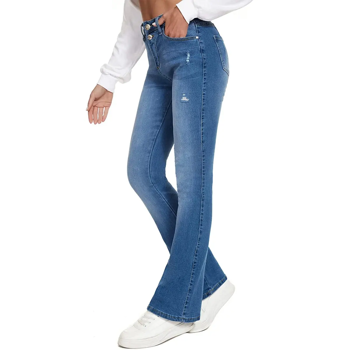 Pantalones vaqueros rasgados de alta calidad con cierre de doble botón para mujer, pantalones vaqueros elásticos