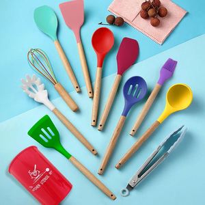 Pour la cuisine, ensemble d'ustensiles de cuisine en silicone coloré résistant à la chaleur, 12 pièces, avec manches en bois de hêtre, cuillère et spatule - Product Image 4