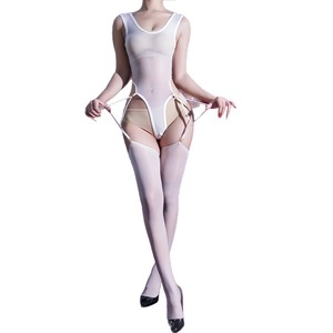 Sexy See-Through Bodysuit With Suspenders 5D Nylon Satin Open-Crotch Lingerie For Women - Product Image 5