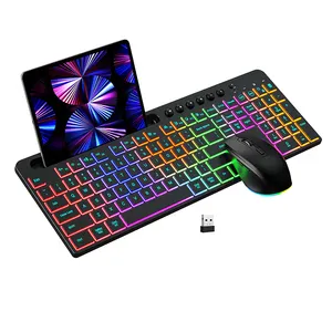 COUSO Hot Sale Tastatur und Maus mit Telefon Tablet-Halter RGB Hintergrund beleuchtung Ergonomische kabellose Tastatur und Maus in voller Größe