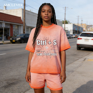 T-shirt 280G in cotone lavato effetto vintage con stampa batik e scritta 'Save Your Soul', girocollo, stile streetwear americano da uomo - Product Image 4