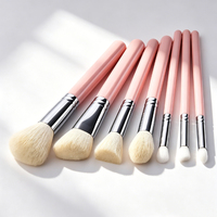 7 Buah Set Kuas Rias Gagang Kayu Merah Muda Kuas Wajah Concealer Foundation Rambut Sintetis Lembut dengan Tas Penyimpanan