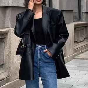 ヴィンテージファッション女性ショルダーパッドレザーブレザー特大本革ジャケット - Product Image 6