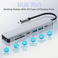 Hub USB 3.0 C 7-in-1 TF/SD 2.0 4K/30Hz Aluminium Alloy Adapter untuk MacBook Pro & Laptop Windows, Stok Tersedia