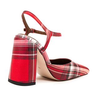 Sandales à talons hauts épais pour femme, grande taille 45, à bout carré, motif écossais, couleurs vives, pour soirée, avec bride à boucle en tissu, coupe large - Product Image 5
