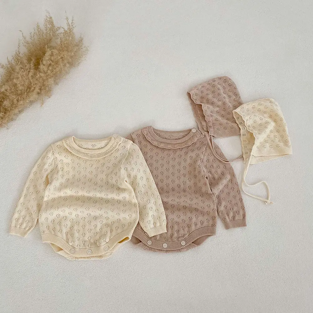 Custom baby knitted clothes summer newborn baby boys girls romper autumn cotton knit infant clothing hat set