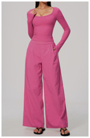 TongJoes Ensemble de sport décontracté 2 pièces à col en V, coupe ajustée, respirant, séchage rapide, couleur unie, taille haute, pour course en extérieur 9599