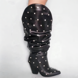 Botas Vaqueras Largas para Mujer, con Tacón de Cuña, Remaches de Diamantes, Parte Superior Plisada Informal, Estilo Vaquero - Product Image 5