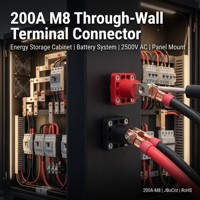 Connecteur terminal traversant mur M8 200A 2500V AC nickelé UL94 V0 rouge noir pour raccordement de barre omnibus de stockage d'énergie
