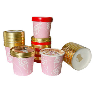 Cứng nhỏ 2oz 3Oz 4oz 5 oz vàng lá Kem cốc giấy <span class=keywords><strong>container</strong></span> với số lượng lớn với nắp màu đen và muỗng đóng gói - Product Image 2