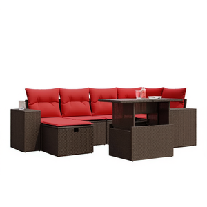 Poly <b>Rattan</b> Garden <b>Sofa</b> Set Brown 7 Piece With Cushions Outdoor Furniture Contemporary Style For Garden Seating Capacity 6 - Product Image 1