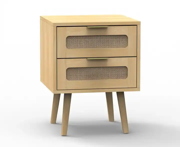 Side Table Oak Grain End Table with Wood Frame, bedside table with 2 rattan cabinet with Drawers for Living